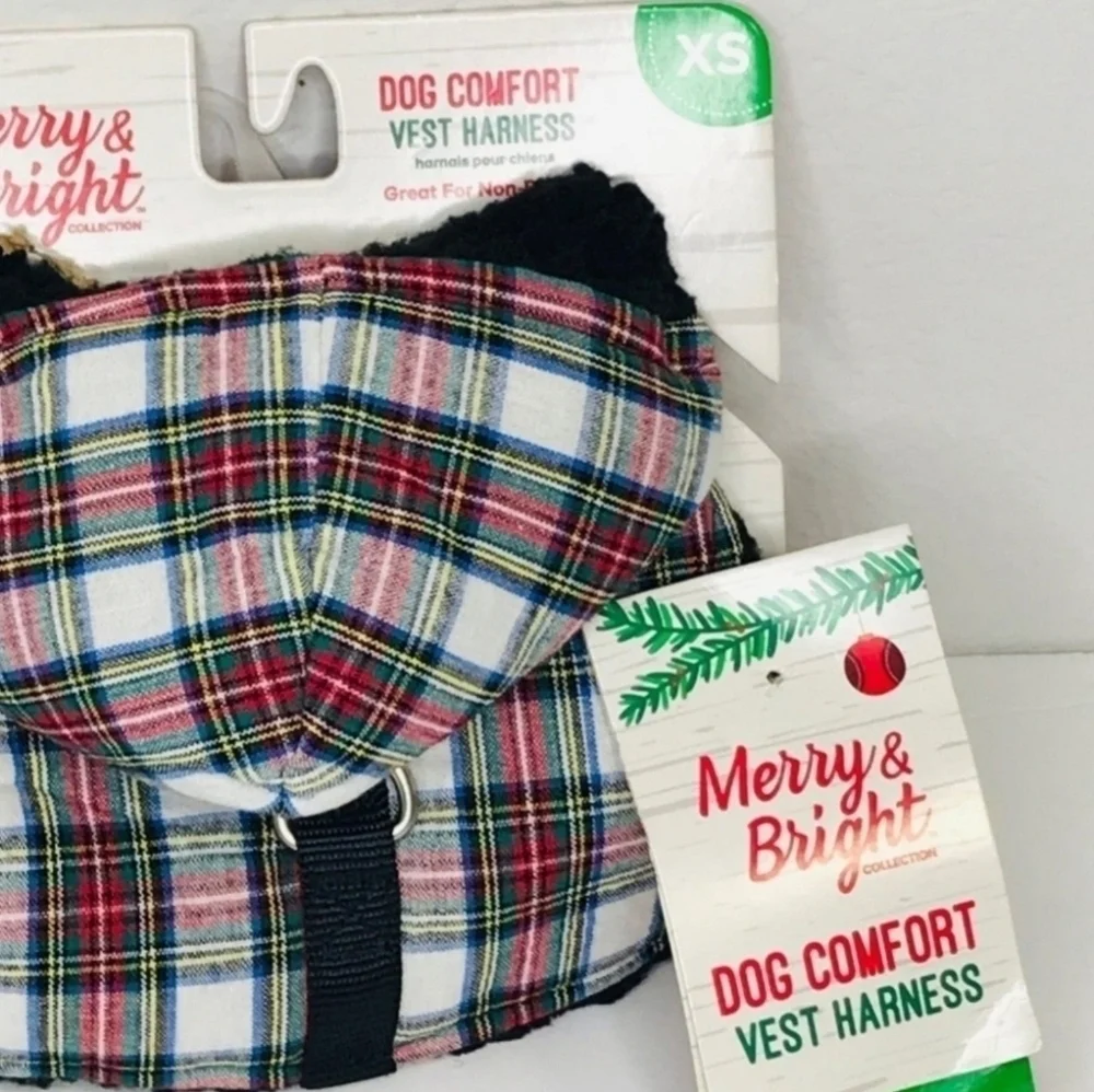 New! Merry & Bright Winter Dog Comfort Sherpa Hoodie Plaid Vest Harness